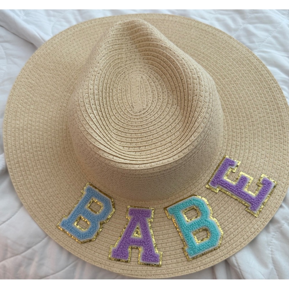 Mud Pie Patch Fedora Hat Tan Babe Chenille Varsity Letter Sun Hat 86010049TN NWT